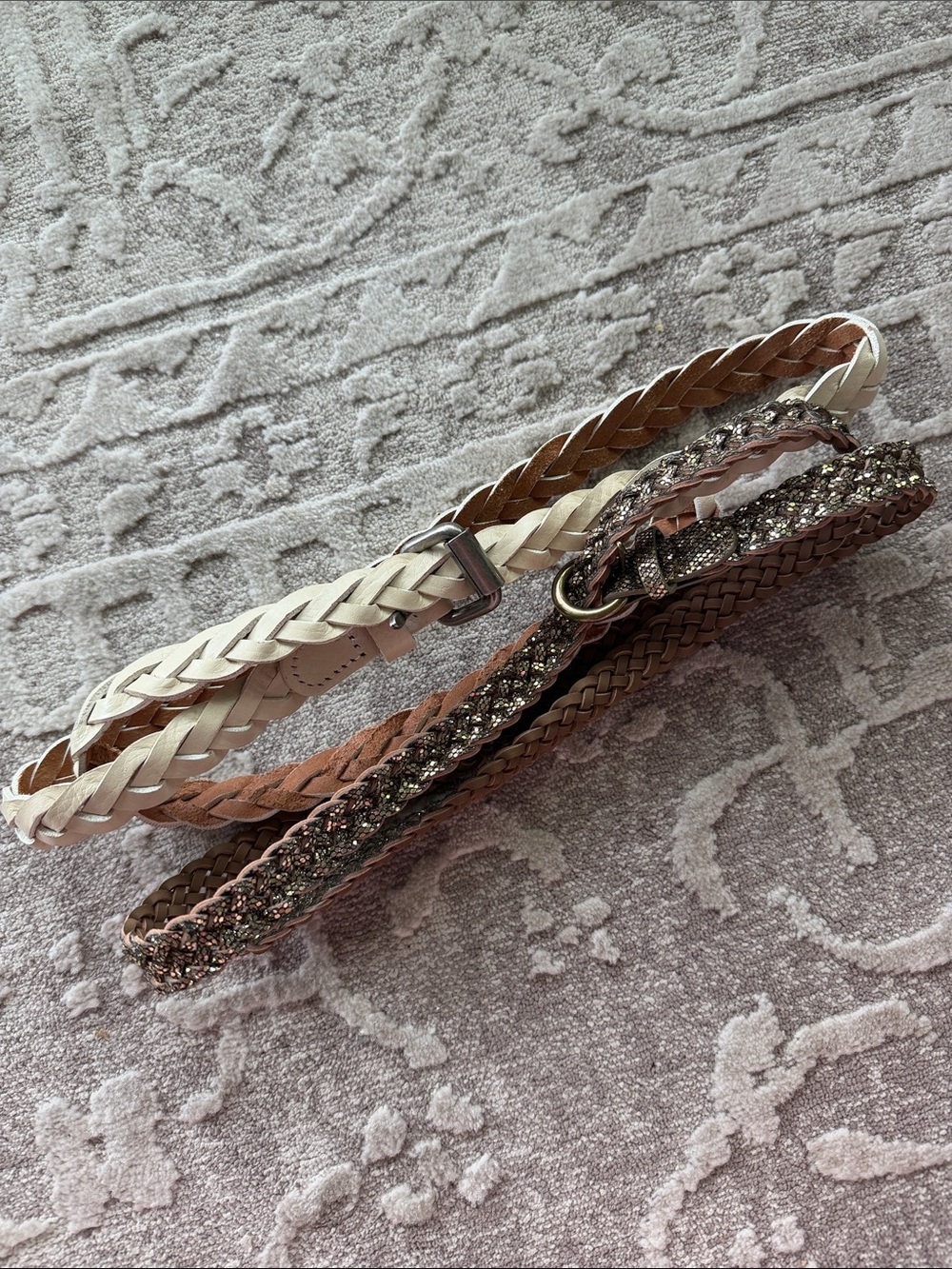 Braided Women's Belt Set - Cream and Sparkle Gold/Brown